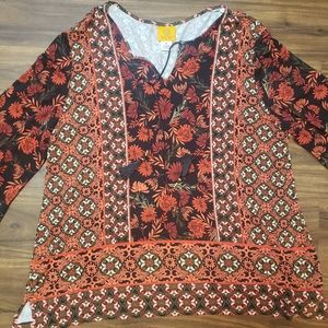 Ruby Rd Blouse 3/4 sleeve tie and tassel neck xl Floral and Pattern